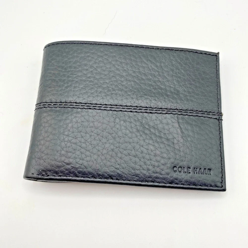 NEW Cole Haan Black Pebbled Leather Billfold Wallet w/ Box | Classic Slim Bifold
